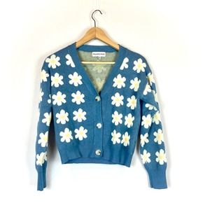 Willow and Wind Medium Blue Daisy print button cardigan sweater